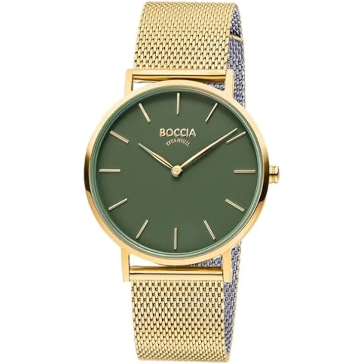 Boccia Damenuhr 3273-12, Goldfarben/Grün, Edelstahlarmband mit Klappverschluss, Titan-Gehäuse, analoges Quarzwerk, Mineralglas