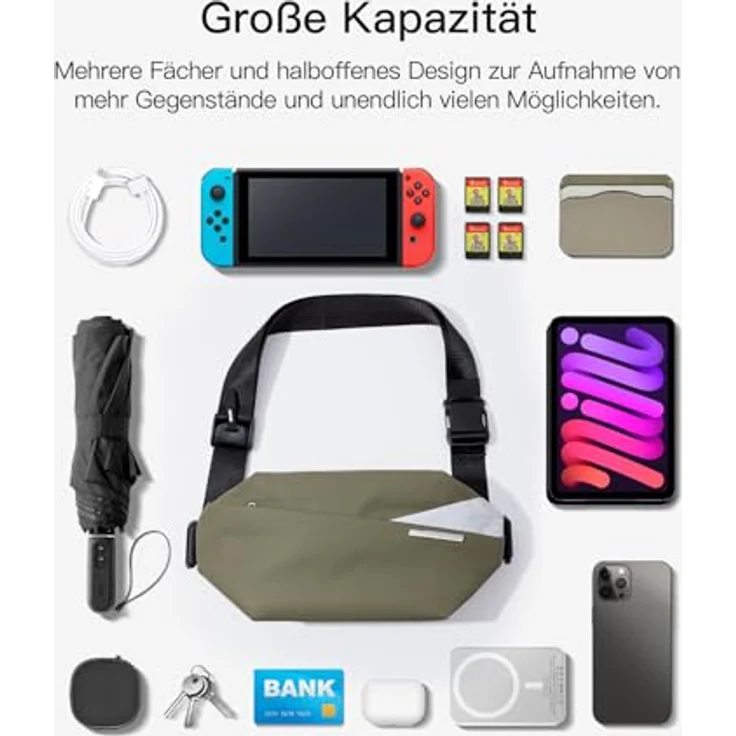 Inateck Sling Bag X, wasserabweisende Umhängetasche mit verstellbarem Schultergurt, olivgrün, 19 Fächer, kompakte Struktur – Bild 5