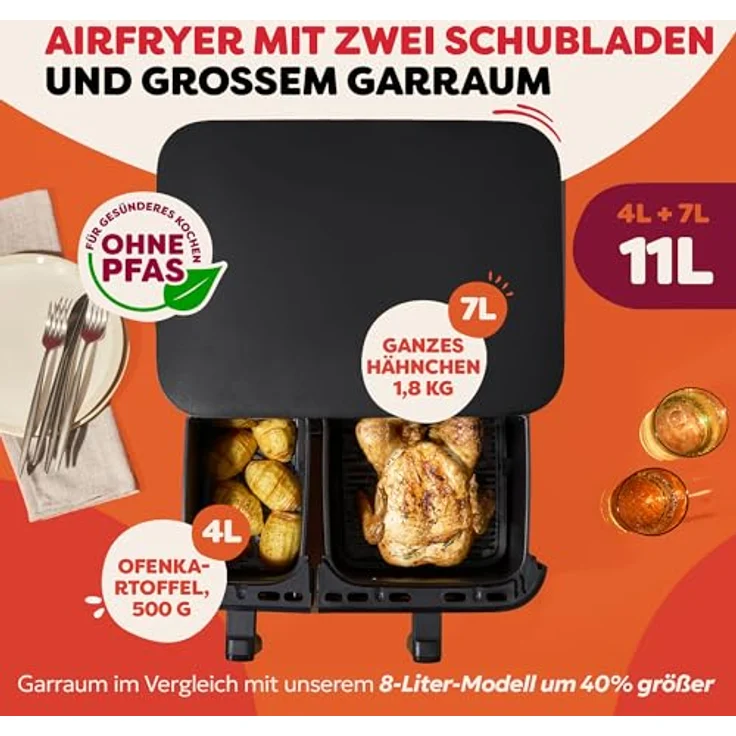 Instant Pot Vortex Dual Heißluftfritteuse, 11 l Edelstahl, Doppelgarbehälter, PFAS-frei, präzise Temperaturregelung – Bild 5