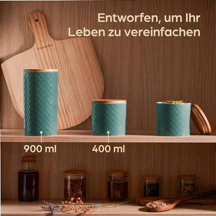 Niboline Keramikdose mit Deckel Luftdicht - 3er Vorratsdosen Set aus Holzdeckel für Müsli Mehl Kaffee & Zucker Aufbewahrung - Spülmaschinenfest (Türkis) – Bild 7