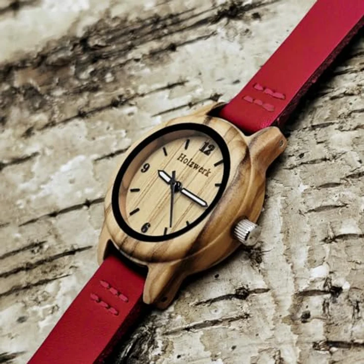 Holzwerk Quarzuhr CLARA RED kleine Damen Holz & Leder Armband Uhr, dunkel rot, beige - Zierliche Armbanduhr mit fluoreszierenden Uhrzeigern und hochwertigem japanischem Quarzwerk – Bild 3