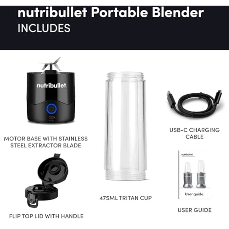 NutriBullet Tragbarer 60-W-Mixer in Schwarz – Leistungsstarke Extraktorklinge, 590-ml-Tasse, To-Go-Deckel, USB-C-Ladekabel - über 15 Mischzyklen – Bild 2