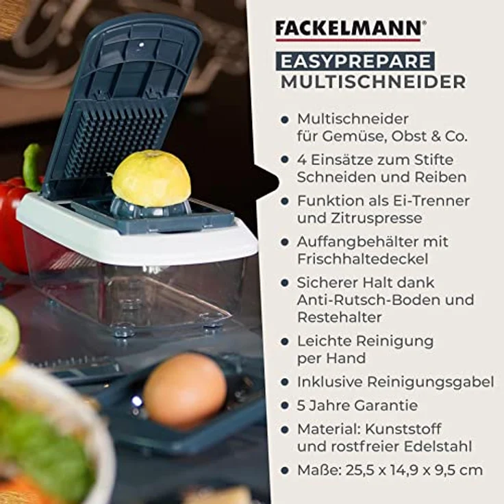 FACKELMANN Multi-Schneider #easyprepare, hochwertiger Multizerkleinerer, Gemüsezerkleinerer mit 11 verschiedenen Aufsätzen, sicherer Halt durch Anti-Rutsch-Füße (Farbe: Weiß-Blau-Grau), 1 x 16 Teile – Bild 3
