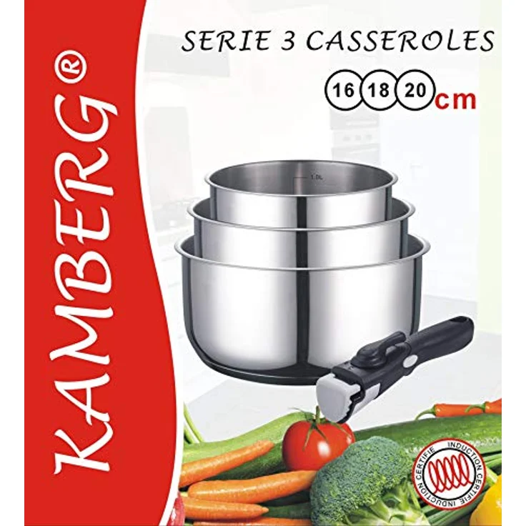 Kamberg – 0008116 – Set aus 3 Stieltöpfen 16/18/20 cm – Edelstahl – Abnehmbarer Griff – Für alle Herdarten, auch Induktion – Bild 5
