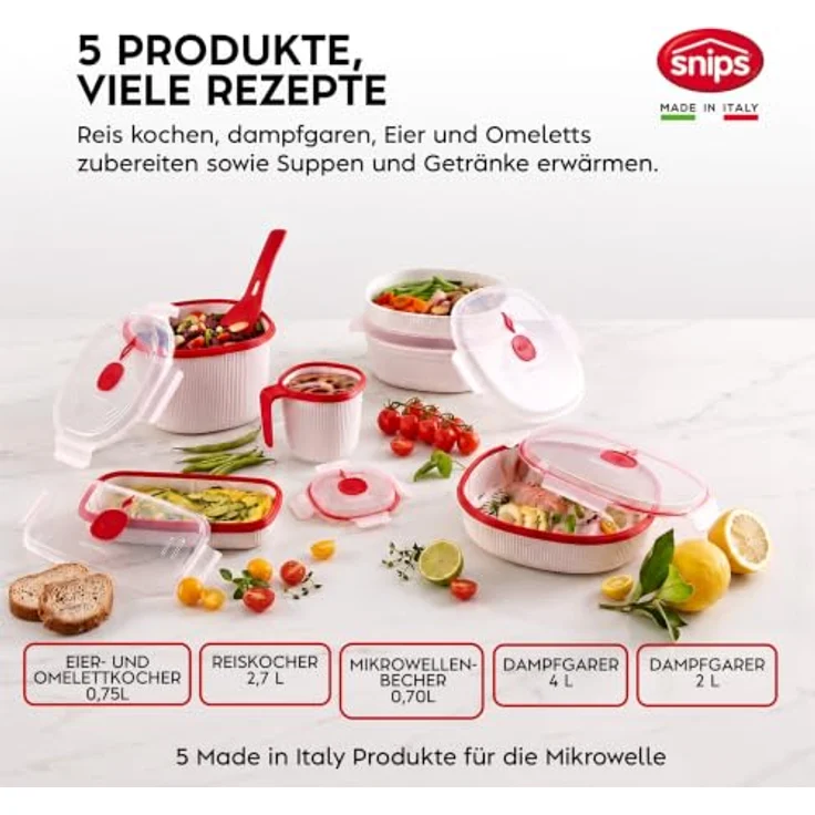 Snips Microwave Frischhaltedosen Set 5, Dampfgarer und Reiskocher für Mikrowelle, 2L/4L, Eierkocher und Suppentasse, Made in Italy – Bild 2
