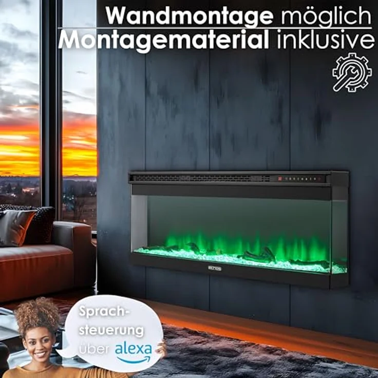 Echos Elektrokamin 1500 W | 13 realistische Flammeneffekte | Wandmontage oder Einbau, schwarz – Bild 6