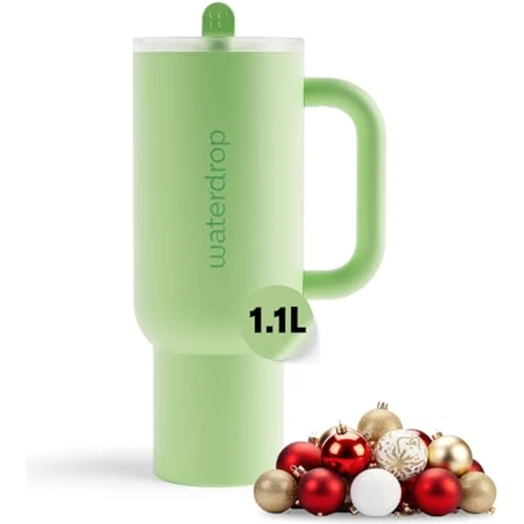 waterdrop® Thermobecher mit Strohhalm 1,1L – Auslaufsichere Edelstahl-Trinkflasche mit klappbarem Mundstück, hält 12h kalt – Bild 1