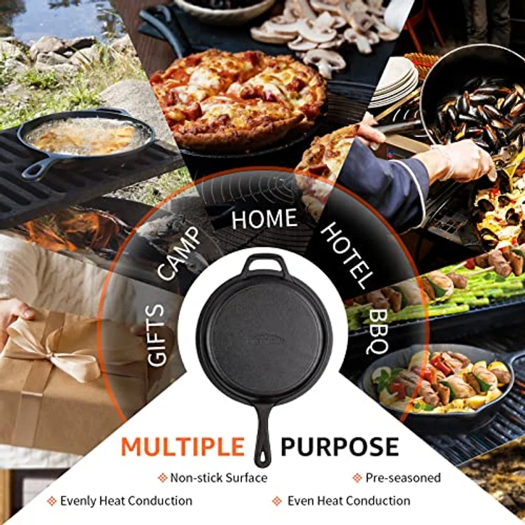 Overmont 2 in 1 Gusseisen Topf Dutch Oven mit Pfannendeckel 3I Gusseisentopf + 1,4I Pfannendeckel einsatzfertig eingebrannt mit Langem Griff für Küche Camping Garten BBQ Backen Modell: OV009 – Bild 5