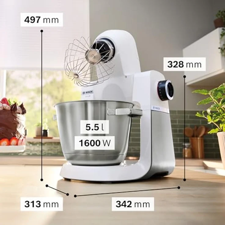 Bosch Küchenmaschine Serie 6 MUMS6EW13D, NEU, 7 Geschwindigkeitsstufen, 5,5l Schüssel, Durchlaufschnitzler, 3 Scheiben, Knethaken, Rührbesen, Silikonbesen, spülmaschinenfest, 1.600 W, silber/weiß – Bild 2