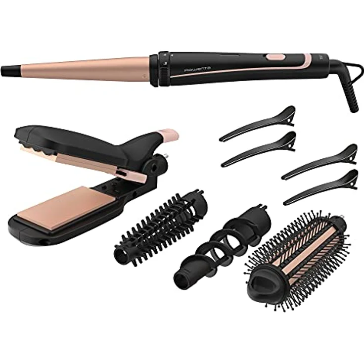 Rowenta CF4231 Infinite Looks 14-in-1 Multistyler | Keramikbeschichtung | kühle Spitze | Inklusive Stylingaufsätze (Haarglätter/Kreppeisen/Lockenstab/Warmluftbürste) und Zubehör | Schwarz/Kupfer – Bild 1