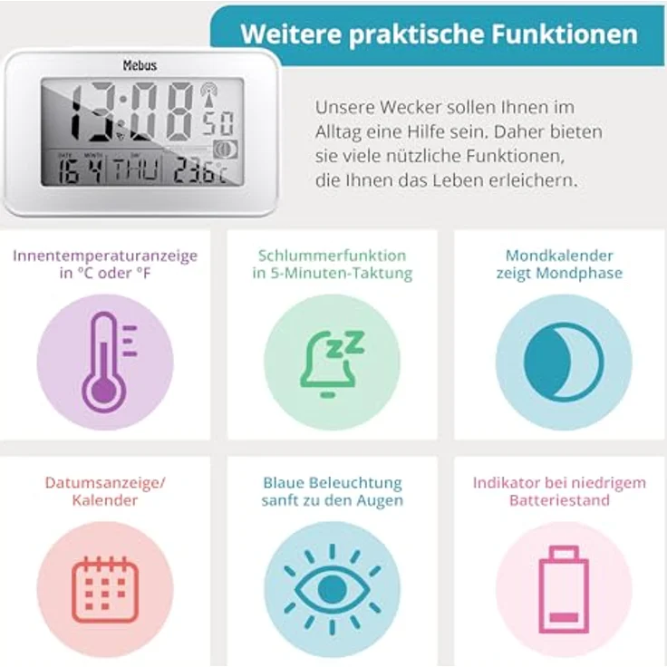 Mebus digitaler Funk-Wecker Modell 51461, Weiß mit Mondkalender, Innenthermometer, 2 Weckzeiten, Schlummer-Funktion und Hintergrundbeleuchtung – Bild 4