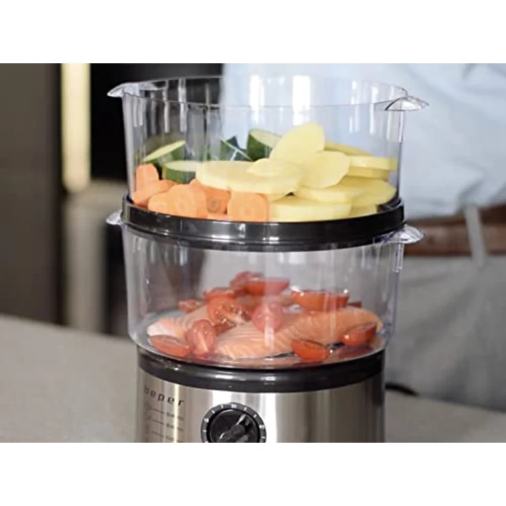 Beper 5 L Multifunktionaler Dampfgarer, Kompaktspeicher, 60-Minuten-Timer, Leistung 400-500 W, - Silber und Schwarz – Bild 10