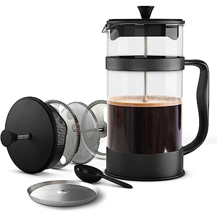 KICHLY French Press Kaffeemaschine, tragbare Cafetière mit Dreifachfilter, hitzebeständiges Glas und Edelstahlgehäuse, 350ml / 12Oz - Schwarz – Bild 1
