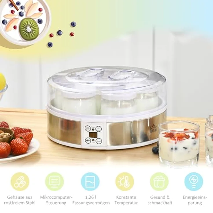 HOMCOM Joghurtbereiter, Joghurtmaschine mit Timer und Temperatur-Einstellung, 7 Glasbehälter je 180 ml, automatische Abschaltung, 20 W, Weiß – Bild 4