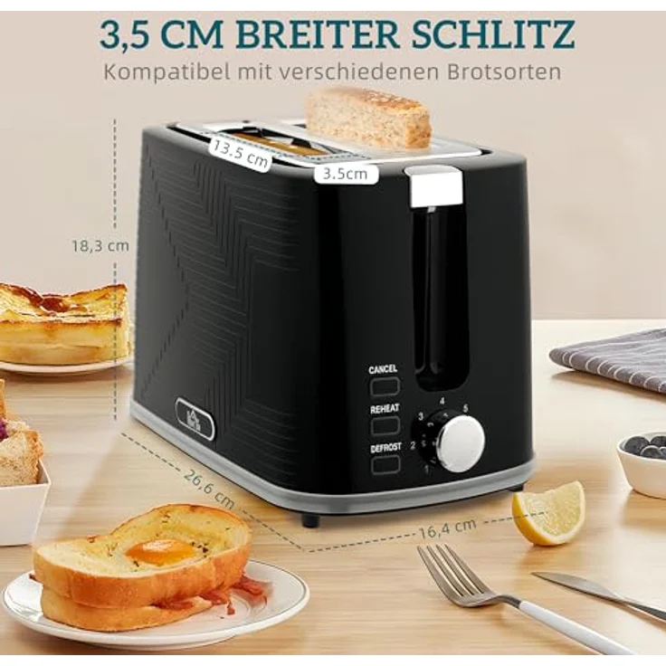 HOMCOM Toaster-Set mit Wasserkocher, 2200 W, 2-Schlitz-Toaster mit 7 Bräunungsstufen, Schwarz – Bild 5