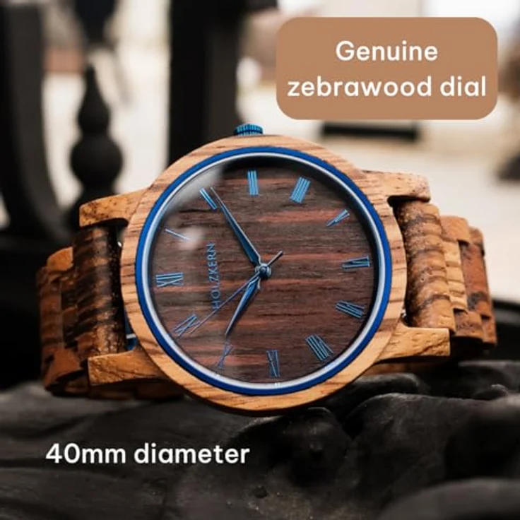 Holzkern Quarzuhr Herbstmorgen, Unisex Armbanduhr aus Zebrano/Wenge mit japanischem Quarzwerk und blauem Zifferblatt – Bild 2