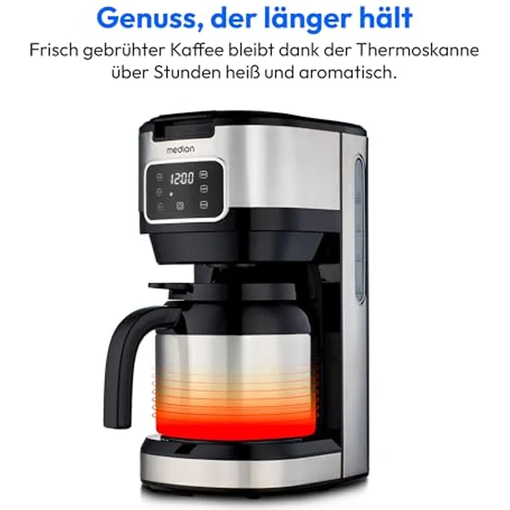 MEDION Kaffeemaschine mit Thermoskanne und Timer, Filtermaschine, 10 Tassen, 1,25 Liter, 900 Watt, Antitropf, edelstahl – Bild 4