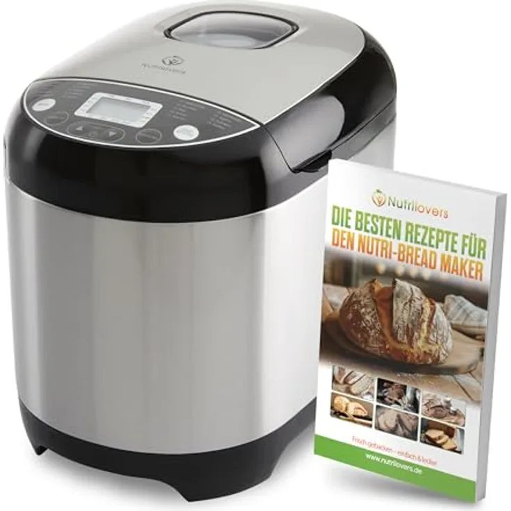 Nutrilovers NUTRI-BREAD-MAKER Edelstahl Brotbackautomat mit 19 Programmen, 3 Bräunungsstufen, 3 Brotgrößen (500g, 750g, 1000g), Timer und Rezeptbuch