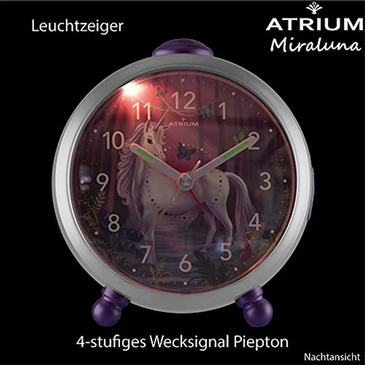 Atrium Kinderwecker Miraluna, Lautloser Quarzwecker mit Einhornmotiv, Licht und Snooze, lila-rosa-weiß, 11,5 x 11 x 7 cm – Bild 5