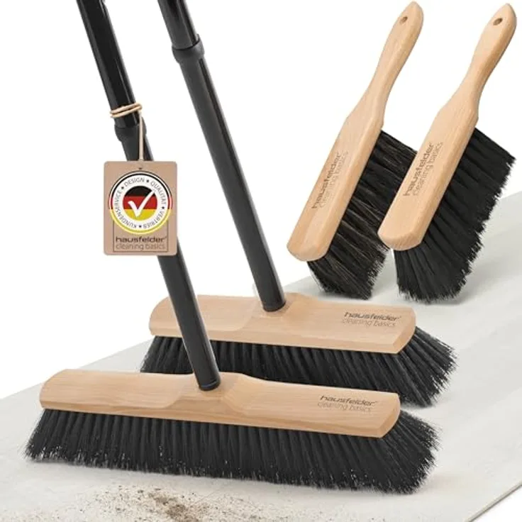 Hausfelder Staubbesen Besen Set 4-teilig, Zimmerbesen 30 cm und 40 cm mit Holzgriffen und Drehgewinde, ideal für glatte Böden