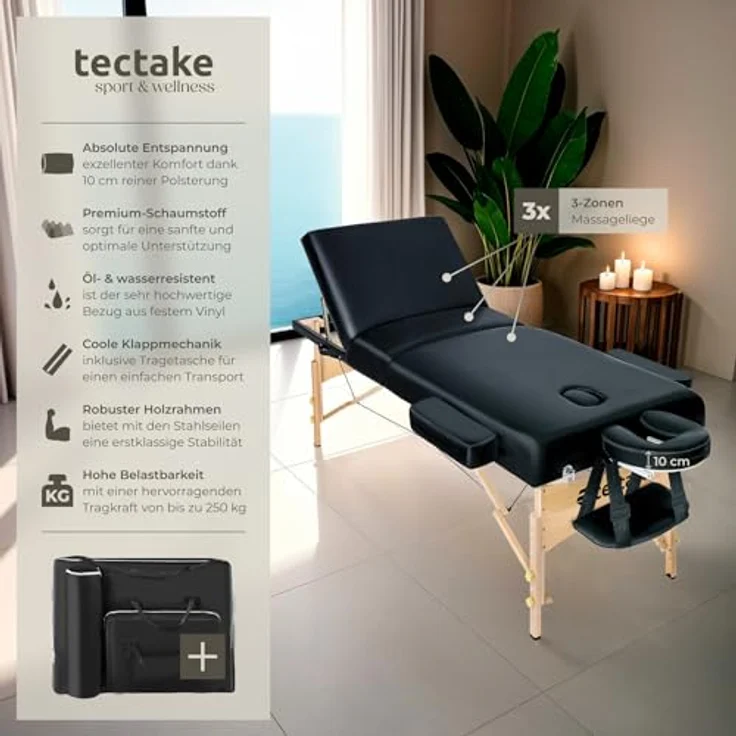 Tectake 3 Zonen Massageliege mit 10 cm Polsterung und Holzgestell – Bild 2