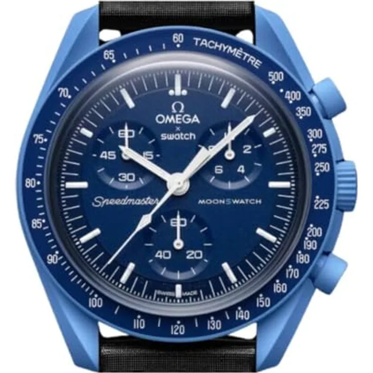 Swatch Chronograph Moonswatch Mission to Neptune Bioceramic SO33N100, Marineblau, VELCRO©-Armband, Superluminova