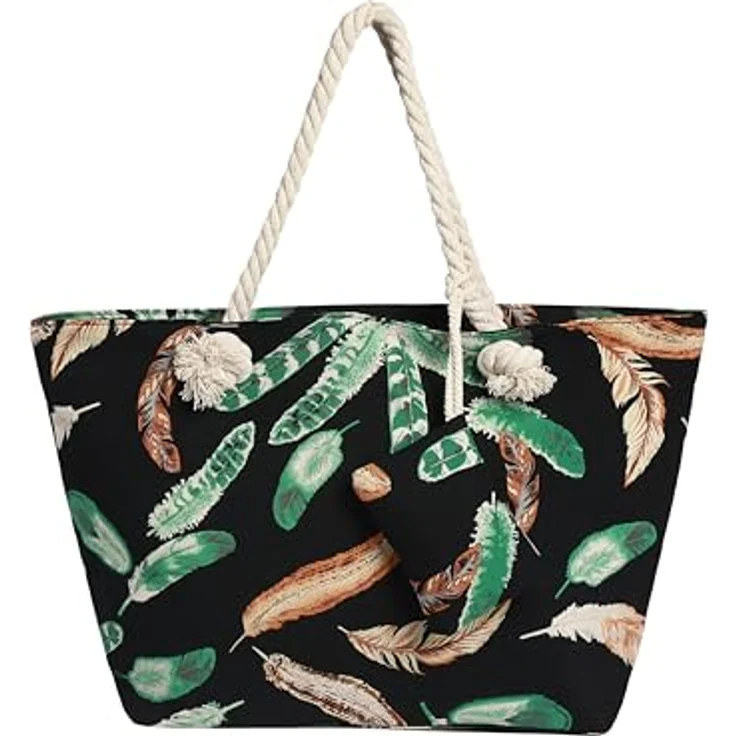DonDon XXL Strandtasche mit Reißverschluss, praktische Badetasche für Strand und Meer - Federn, Innenfach mit Reißverschluss, inklusive kleiner Zusatztasche – Bild 1