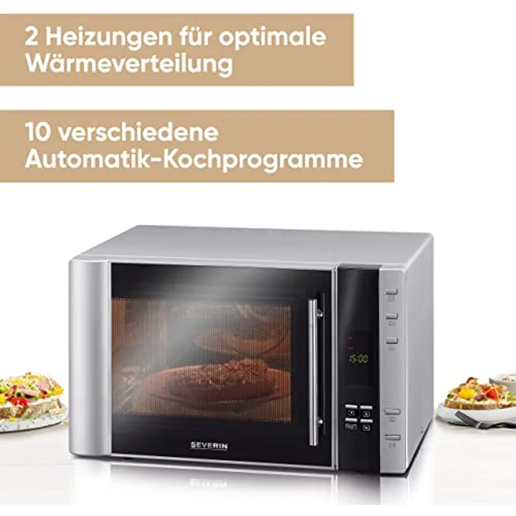 Severin MW 7775 3-in-1 Mikrowelle, 30 Liter Garraum, 900 Watt, mit Grill, Heißluft, Pizzafunktion, grau, schwarz – Bild 2