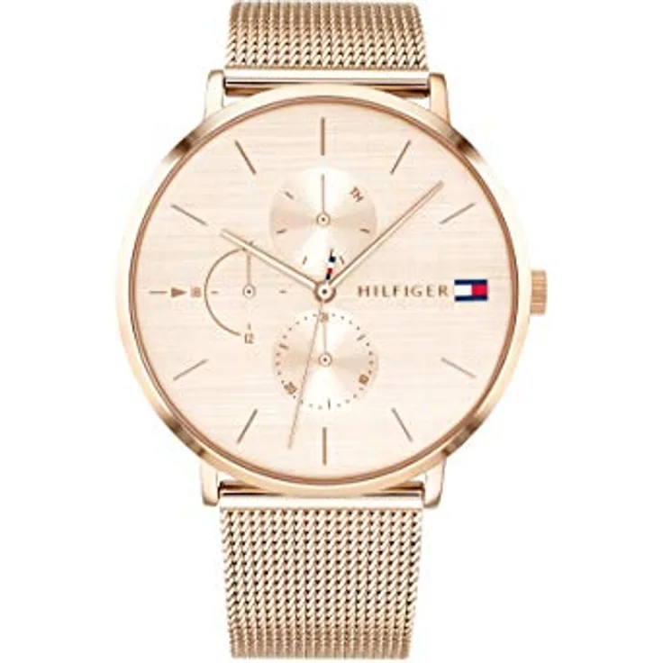 Tommy Hilfiger Multi Zifferblatt Quarz Uhr für Damen mit Rotgoldem Zifferblatt und Edelstahl-Mesh-Gliederarmband