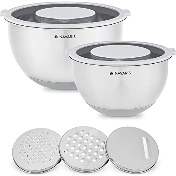 Navaris Edelstahl Schüssel Schale mit Deckel - 2x Rührschüssel Salatschüssel - inkl. 3x Reibe - Set Edelstahlschüssel Schüsselset in Grau