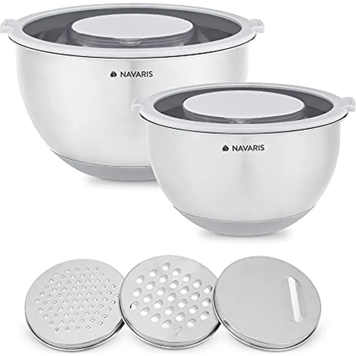 Navaris Edelstahl Schüssel Schale mit Deckel - 2x Rührschüssel Salatschüssel - inkl. 3x Reibe - Set Edelstahlschüssel Schüsselset in Grau – Bild 1