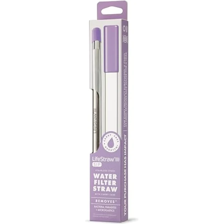 LifeStraw Sip, Wiederverwendbarer Edelstahl Wasserfilter-Strohhalm mit Aktivkohlefilter und Trageetui, Distelviolett – Bild 2