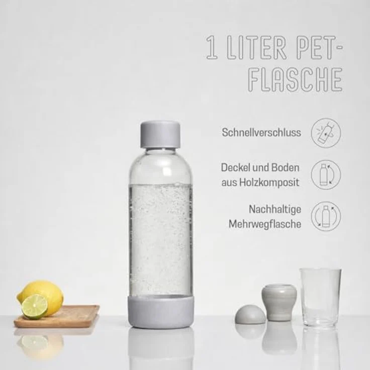 Mysoda Woody Set, Wassersprudler aus erneuerbarem Holzkomposit mit 1L Quick-Lock BPA-freier Plastikflasche und CO2-Zylinder, grau – Bild 7