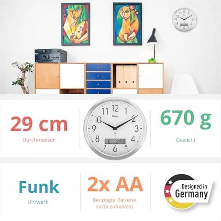 Mebus Funk-Wanduhr, 29 cm, lautlos, LCD-Anzeige für Datum und Temperatur, weiß, Modell 19422 - Multifunktional und leise – Bild 4