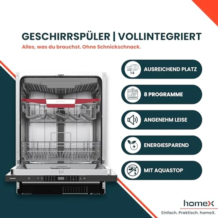 homeX DWFI601444C Geschirrspüler 60 cm, vollintegrierbar mit 14 Maßgedecken, 8 Programmen, AquaStop und Bodenlicht – Bild 2