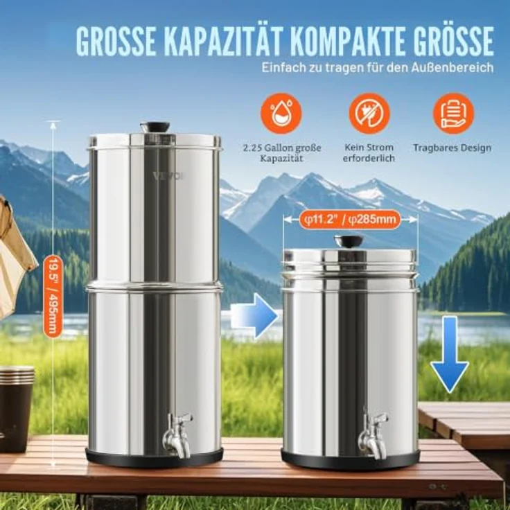 VEVOR Schwerkraft Wasserfiltersystem, Edelstahl 7 L + 8,5 L, reduziert Blei und bis zu 99 % Chlor, mit 2 Kohlefiltern und Zapfhahn – Bild 5