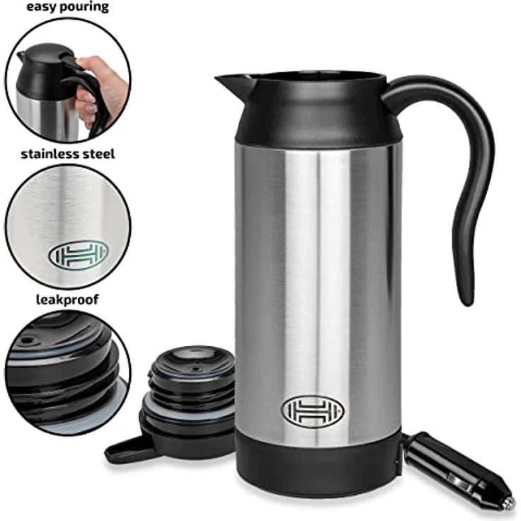 HEYNER® Wasserkocher Reisewasserkocher elektrisch Zigarettenanzünder + Tasche + 2 Becher 750 ml 12V, Silber – Bild 5
