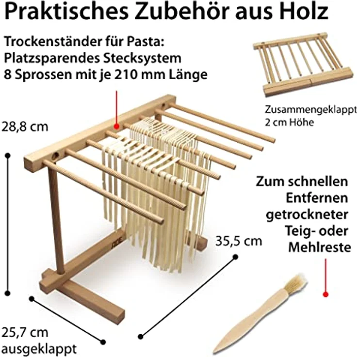 ADE Nudelmaschine Edelstahl, manuelle Pastamaschine mit 7 Teigstärken, für Lasagneplatten, Spaghetti und Fettuccine, inklusive Trockner und Borstenpinsel – Bild 4