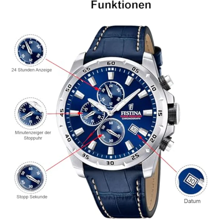 Festina Herrenuhr Chronograph Dunkelblau F20692/2, Lederarmband, Edelstahlgehäuse, Mineralglas – Bild 3