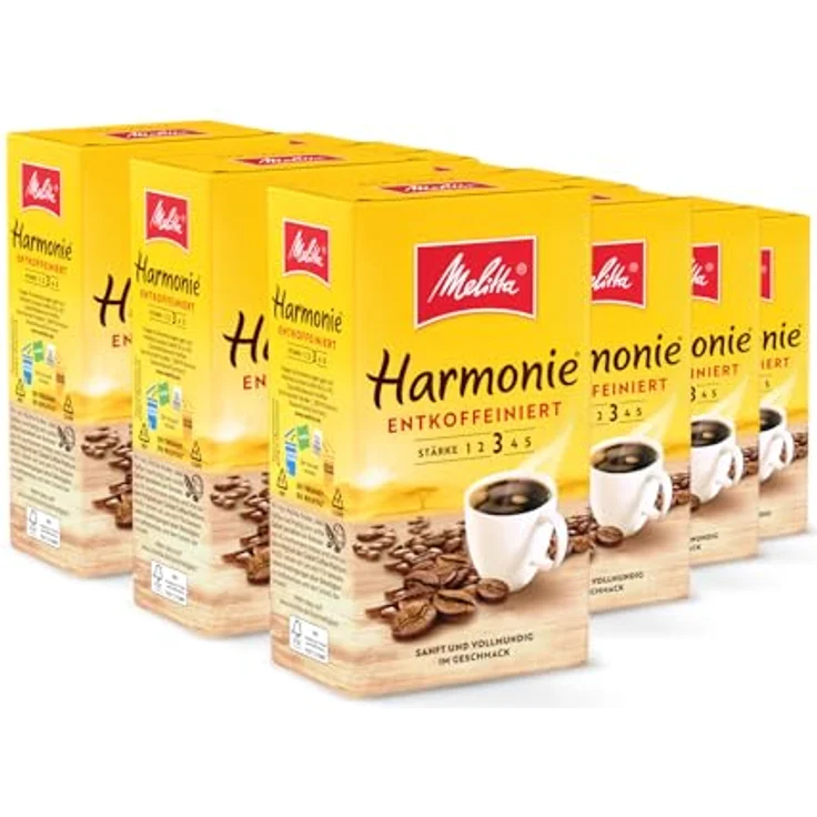 Melitta Gemahlener Röstkaffee, Filterkaffee, entkoffeiniert, vollmundiges, besonders sanftes Aroma, Harmonie entkoffeiniert, 12 x 500 g – Bild 2