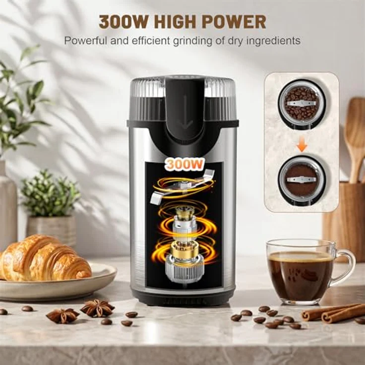 NWOUIIAY Elektrische Kaffeemühle 300W, 80g für Kaffeebohnen und Gewürze, Edelstahlklingen, kompakt und mehrzweckgeeignet – Bild 5