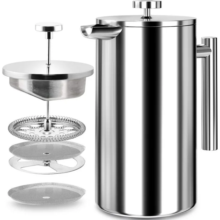 MOPUEA French Press Kanne, 1L für 3-8 Tassen, Edelstahl mit doppelwandiger Wärmedämmung und vierfacher Filtration