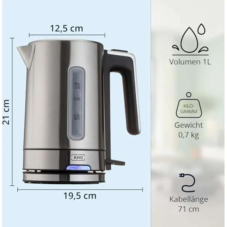 KHG Wasserkocher WK-105 ES, Edelstahl 1 Liter, 2200 Watt, abwaschbarer Kalkfilter, Wasserstandsanzeige, Trockengehschutz & Abschaltautomatik – Bild 3