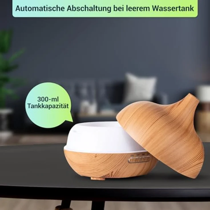 Casativo Aroma-Diffuser in Holzoptik, 300 ml, LED-Beleuchtung in 7 Farben, Timer und ultraschallbetriebene Luftbefeuchtung – Bild 3