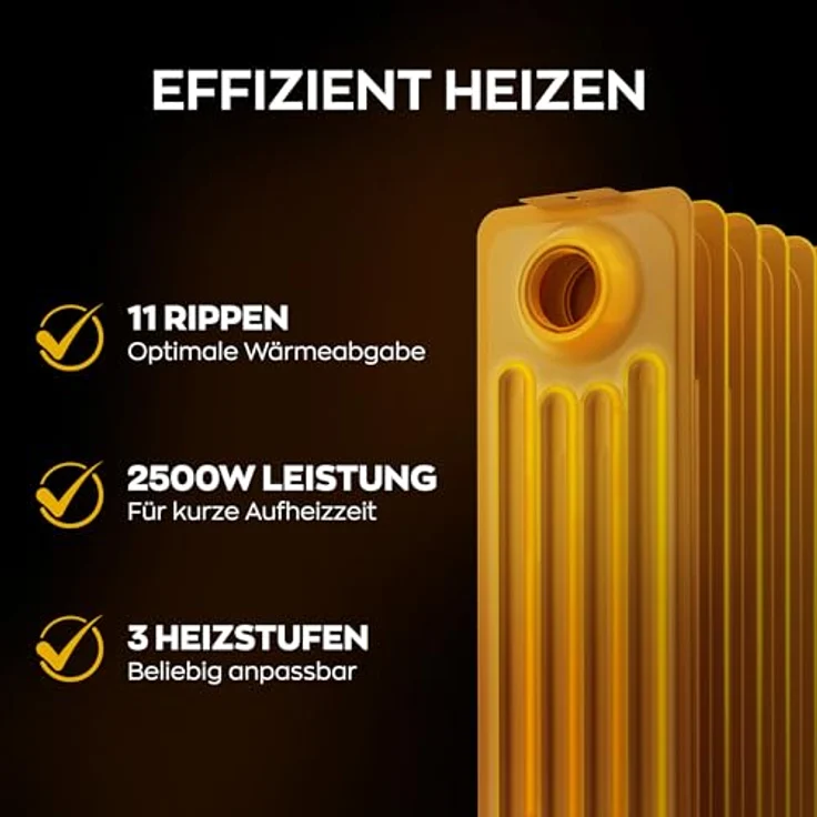 Heinrich´s Ölradiator 2500W, 11 Rippen, Elektrischer Heizkörper mit 3 Heizstufen, stufenlosem Thermostat, Überhitzungsschutz, Kippschutz und Handtuchhalter, leise für Büro & Zuhause – Bild 3