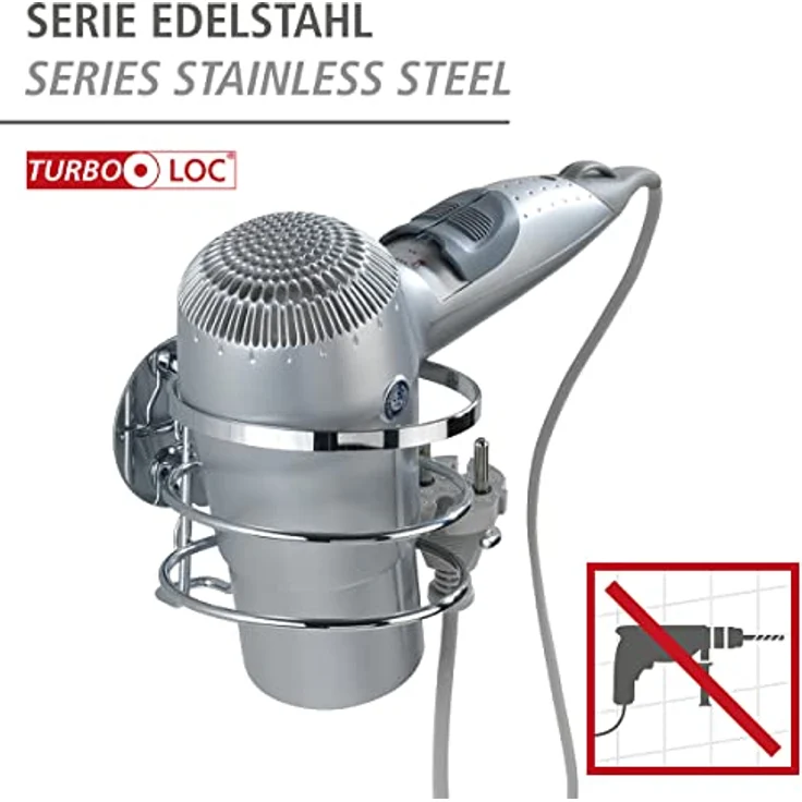 Wenko Haartrocknerhalter 'Turbo-Loc', Edelstahl glänzend, mit integriertem Kabelhalter und rückstandslos entfernbarer Wandbefestigung – Bild 2