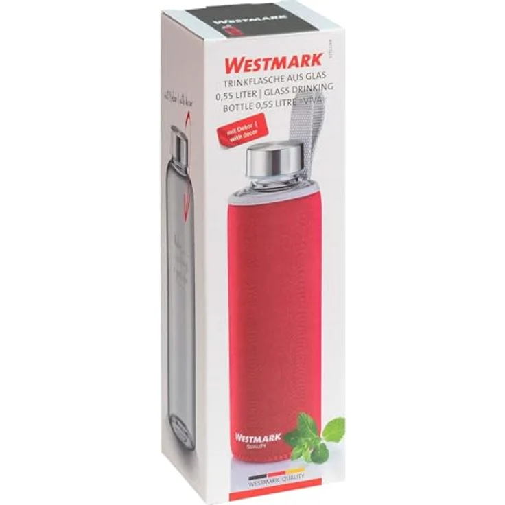 Westmark Trinkflasche, aus Glas mit Aufdruck, inkl. Schutzhülle, 550 ml, Glas-Silikon-Kautschuk, BPA-frei, Viva, Rot-Silber-Klar, 5272226R – Bild 12