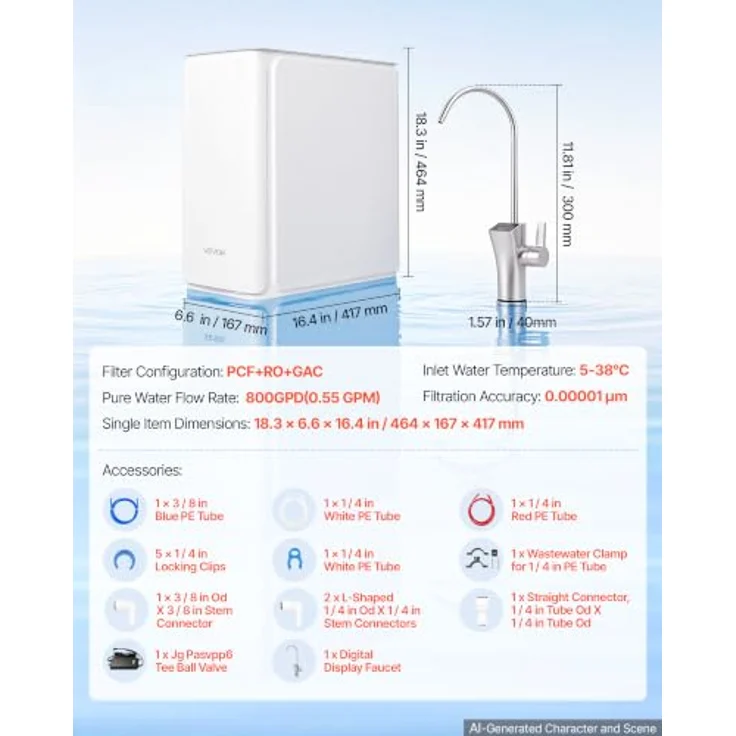 VEVOR Umkehrosmoseanlage Untertisch 800 GPD, 8-stufiger Wasserfilter mit Edelstahlhahn und TDS-Anzeige, 2:1 Reinwasser zu Abwasser, pH 7,5–8,5, einfacher Filterwechsel, CE – Bild 7