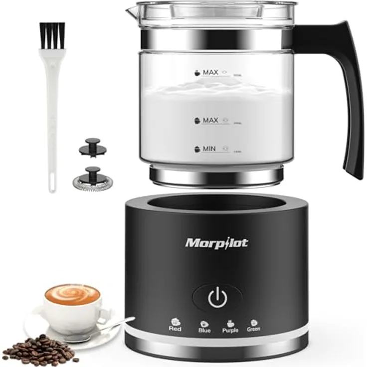Morpilot Milchaufschäumer Elektrisch 600W, 4 in 1 mit 130-500ml Kapazität, Spülmaschinenfest, Visuelles Glas, Latte-Design, Schwarz