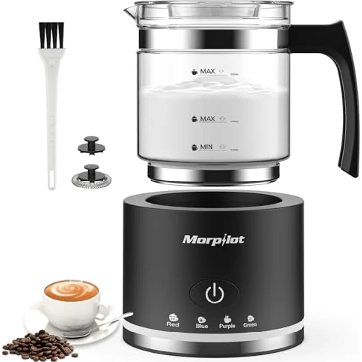 Morpilot Milchaufschäumer Elektrisch 600W, 4 in 1 mit 130-500ml Kapazität, Spülmaschinenfest, Visuelles Glas, Latte-Design, Schwarz – Bild 1